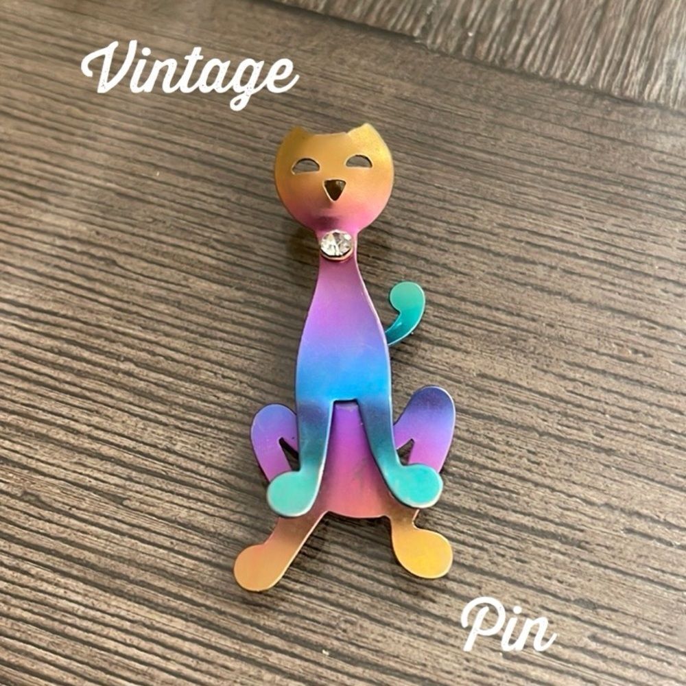 Rainbow Vintage 1980s Multicolor Anodized Aluminum Kinetic Cat Dangling Pin